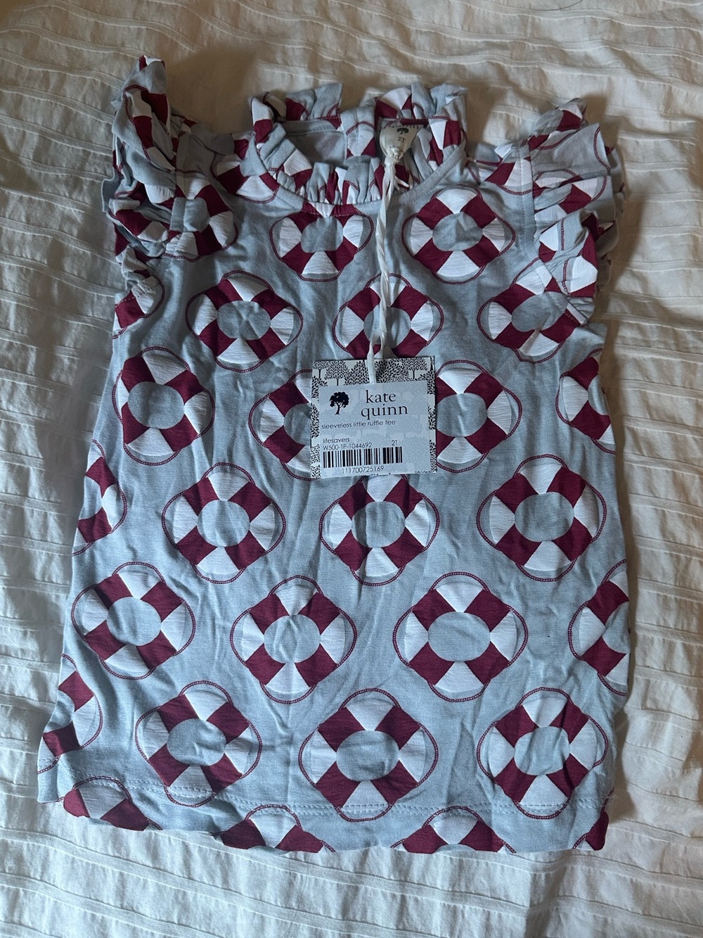 kate quinn Light Blue and Burgundy Lifesaver Print Ruffle Sleeve Top